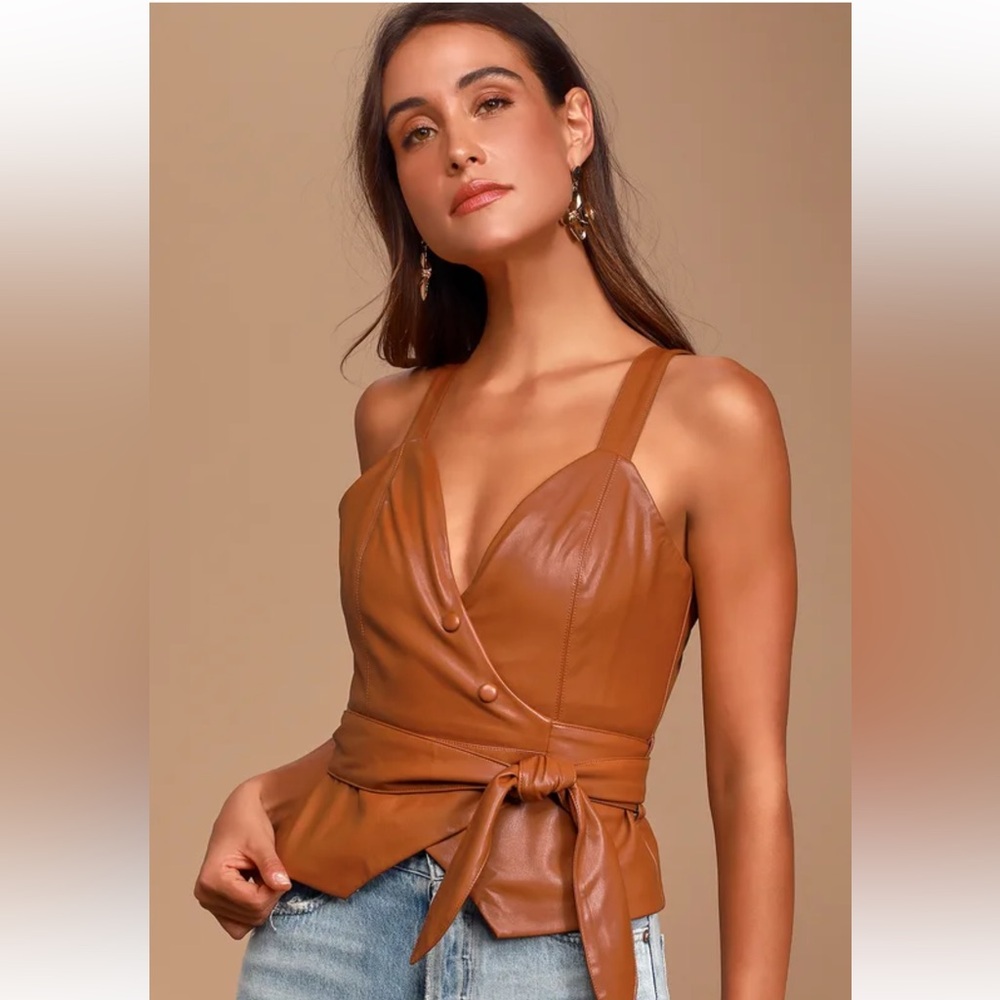 NWT LULUS Vegan Leather Peplum Wrap Top, Brown XS